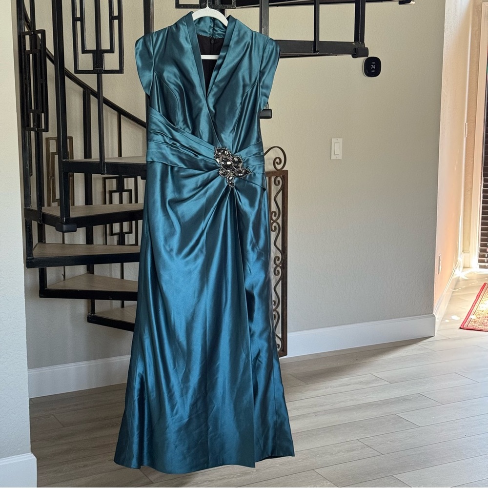 Alex Evenings Teal Gown with Brooch Detail at Waist